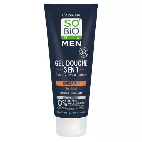 SO’BiO étic Gel sprchový MEN 3v1 - tonizující cedr BIO (200 ml) - na tělo, obličej i vlasy